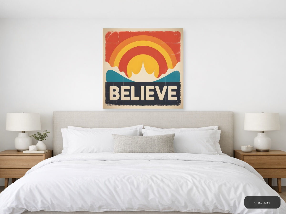 Vintage Sunset Ocean Believe Retro Wall Art — A1 / Bedroom