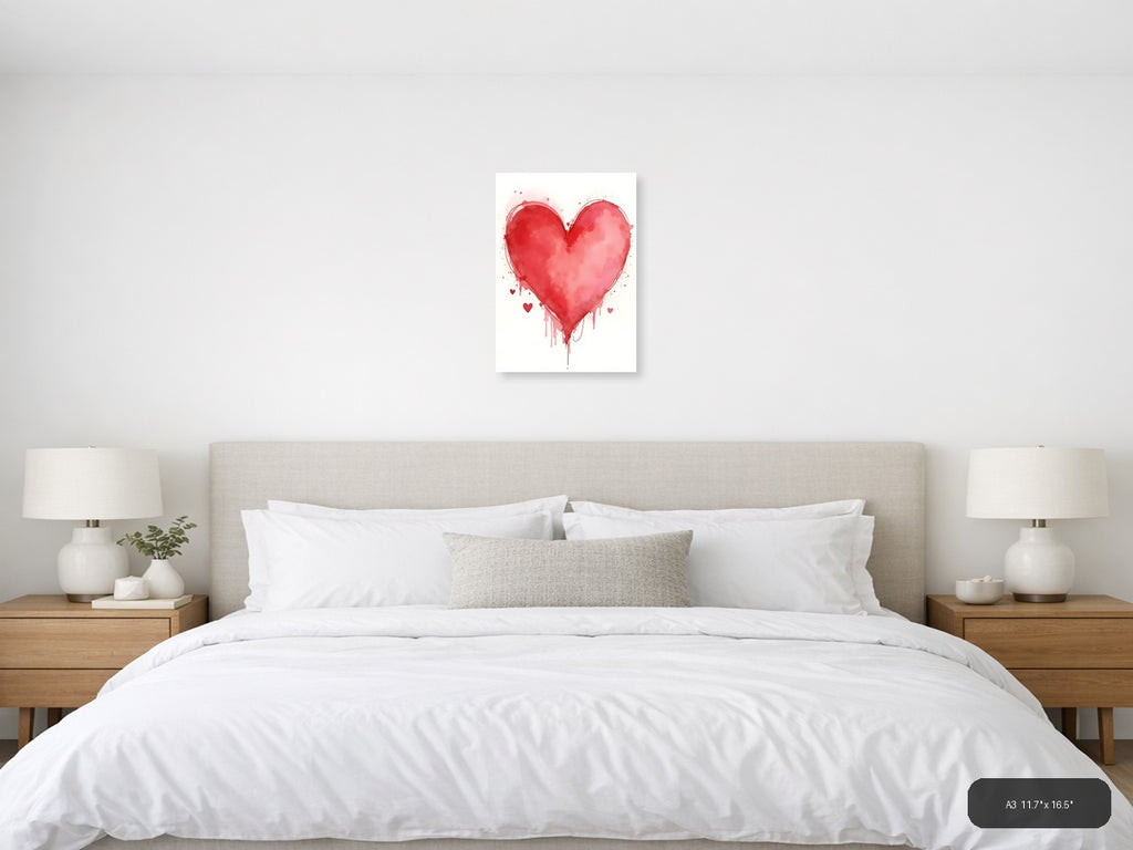 Red Watercolor Heart with Dripping Paint Wall Art — A3 / Bedroom
