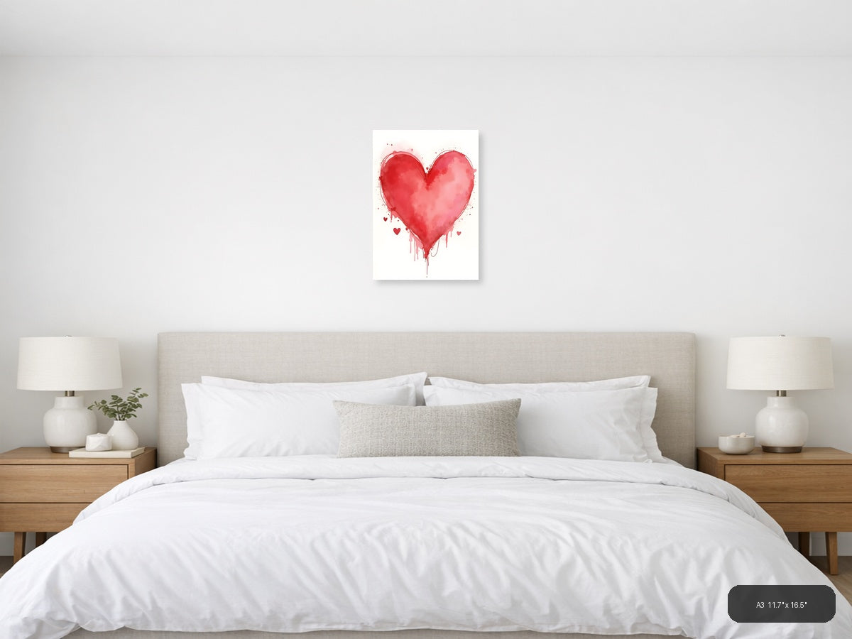 Red Watercolor Heart with Dripping Paint Wall Art — A3 / Bedroom