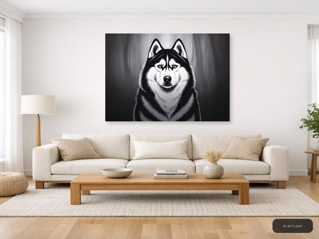 Striking Husky Portrait Black and White Photography Wall Art — A1 / Living Room