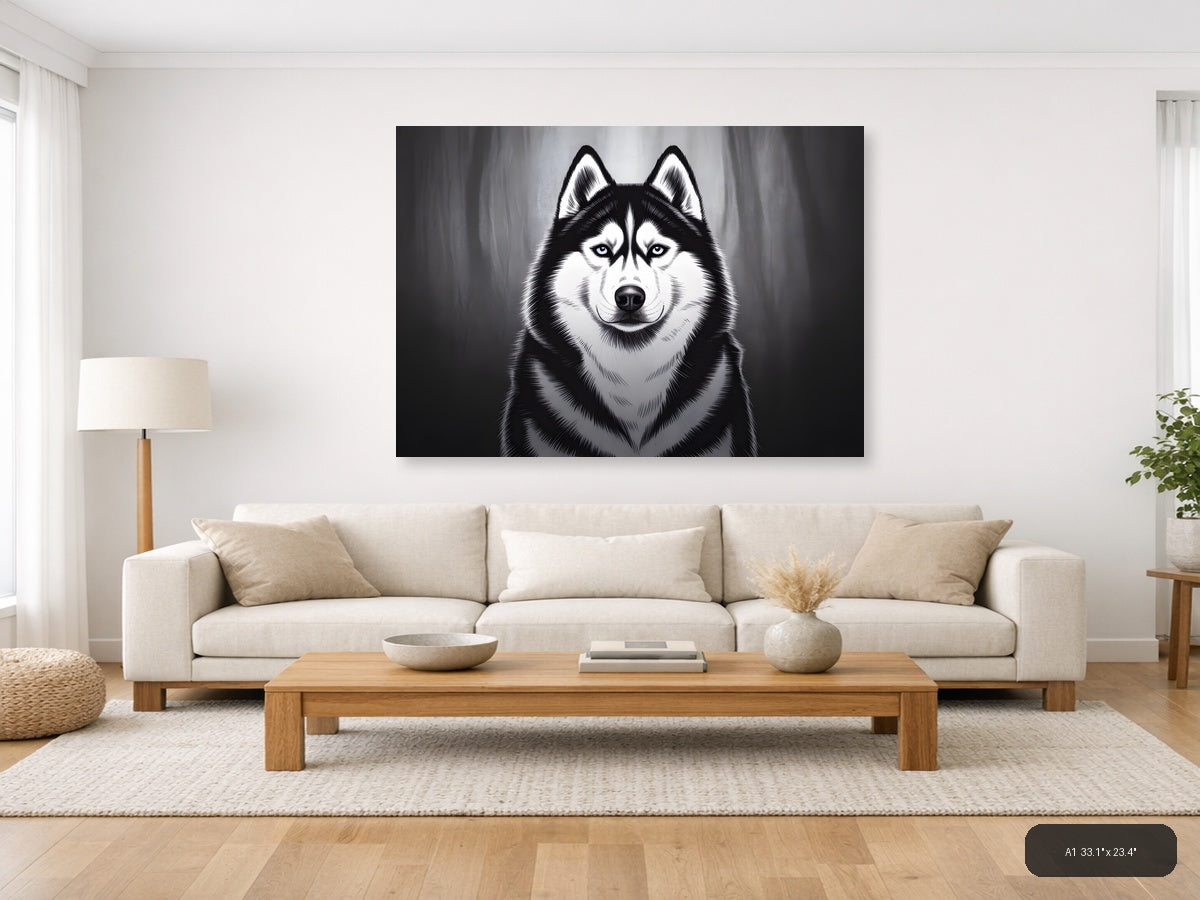 Striking Husky Portrait Black and White Photography Wall Art — A1 / Living Room