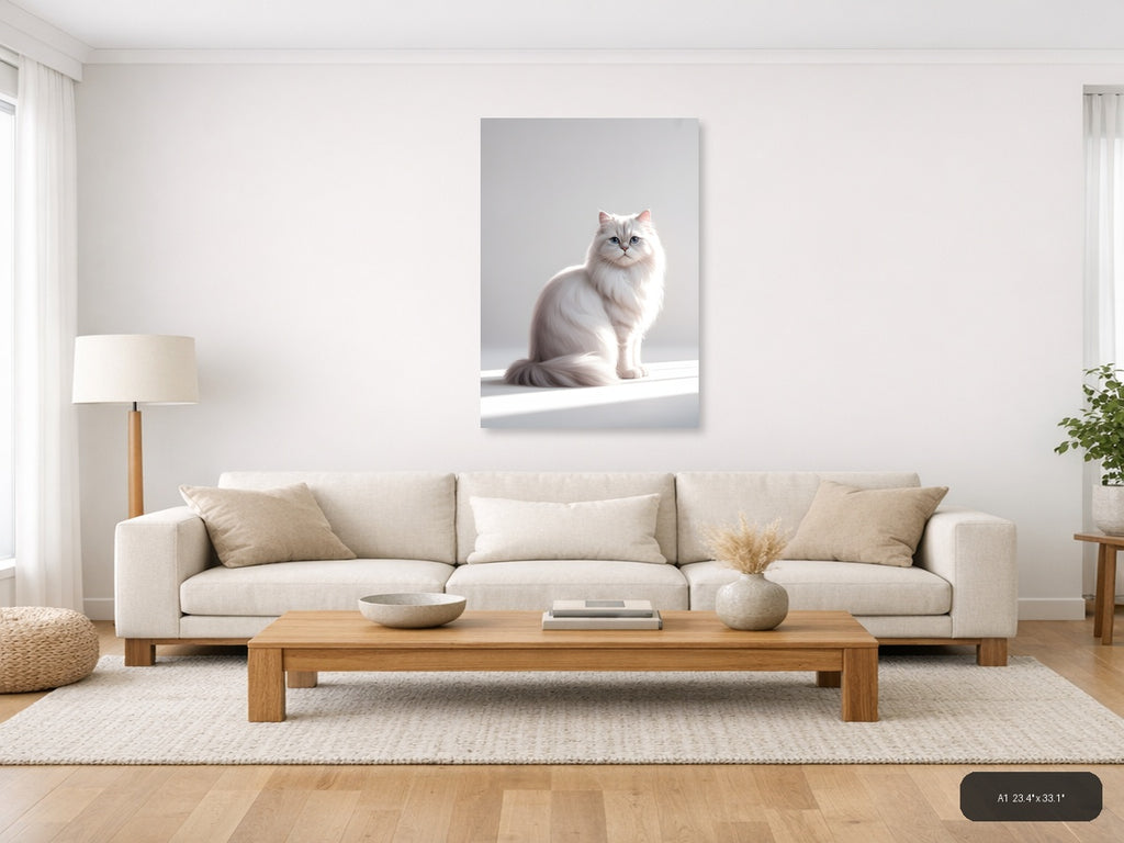 White Fluffy Cat with Blue Eyes Minimalist Wall Art — A1 / Living Room