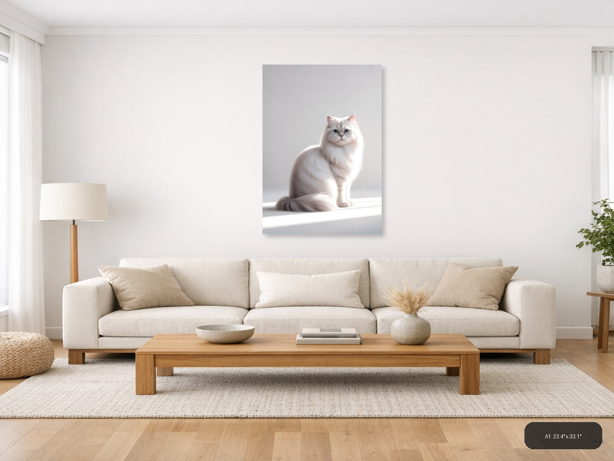 White Fluffy Cat with Blue Eyes Minimalist Wall Art — A1 / Living Room