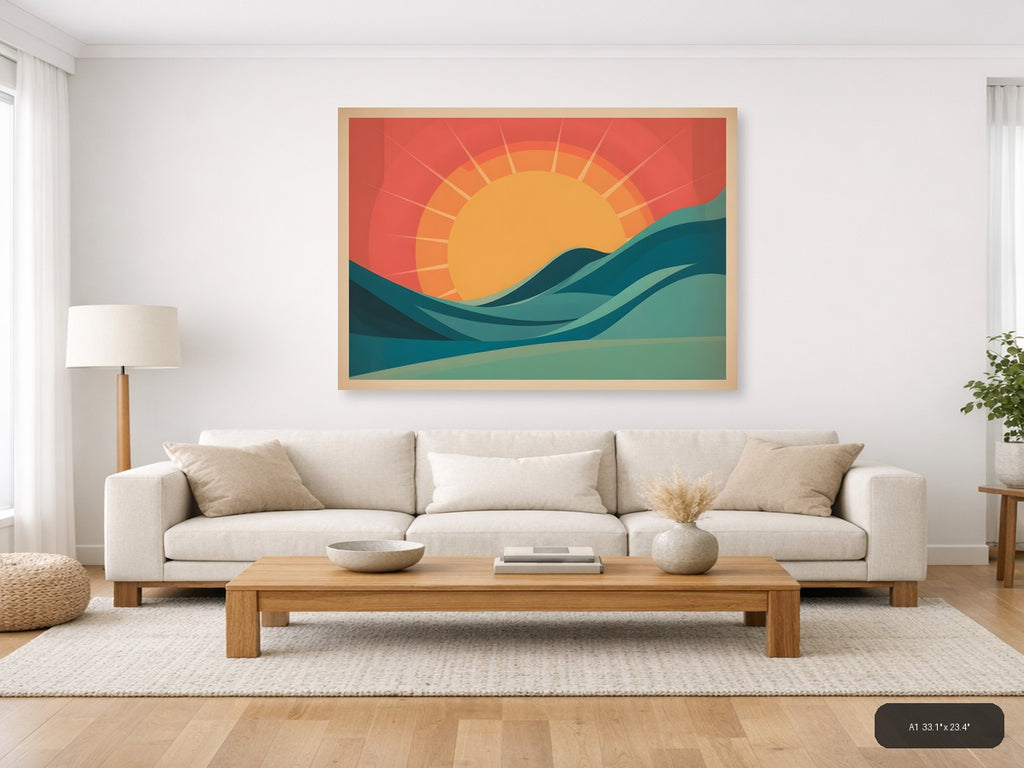 Vintage Sunrise Over Ocean Waves Wall Art — A1 / Living Room