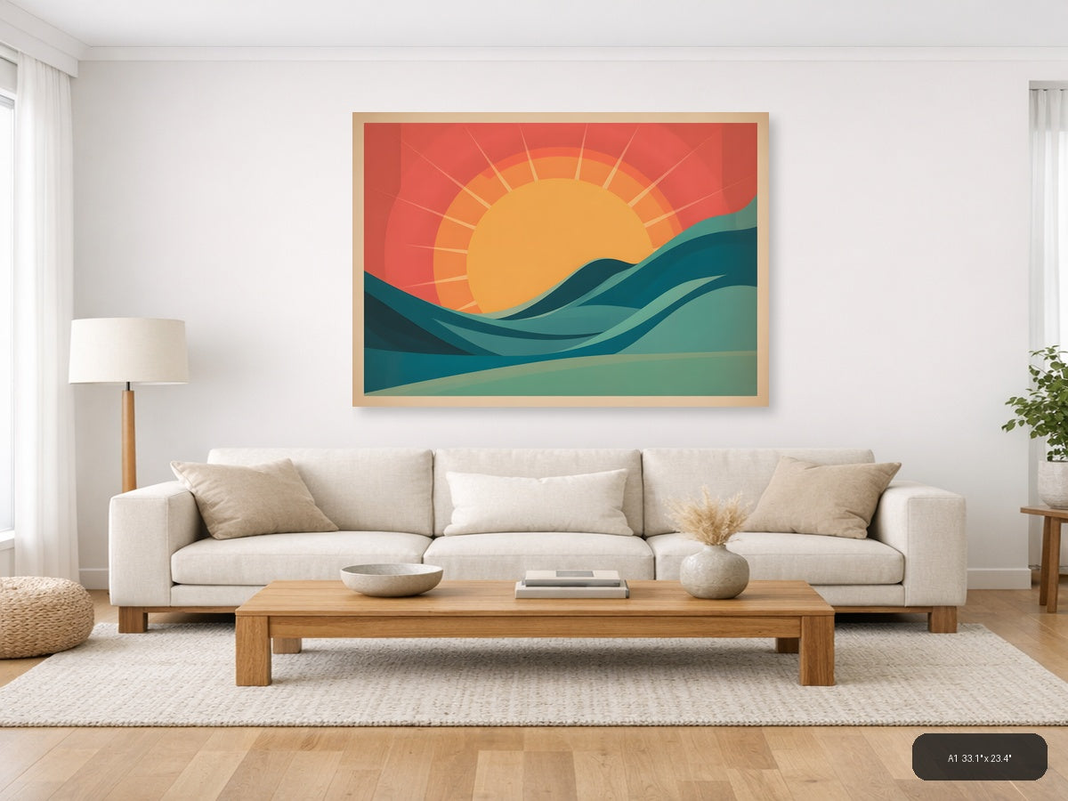 Vintage Sunrise Over Ocean Waves Wall Art — A1 / Living Room
