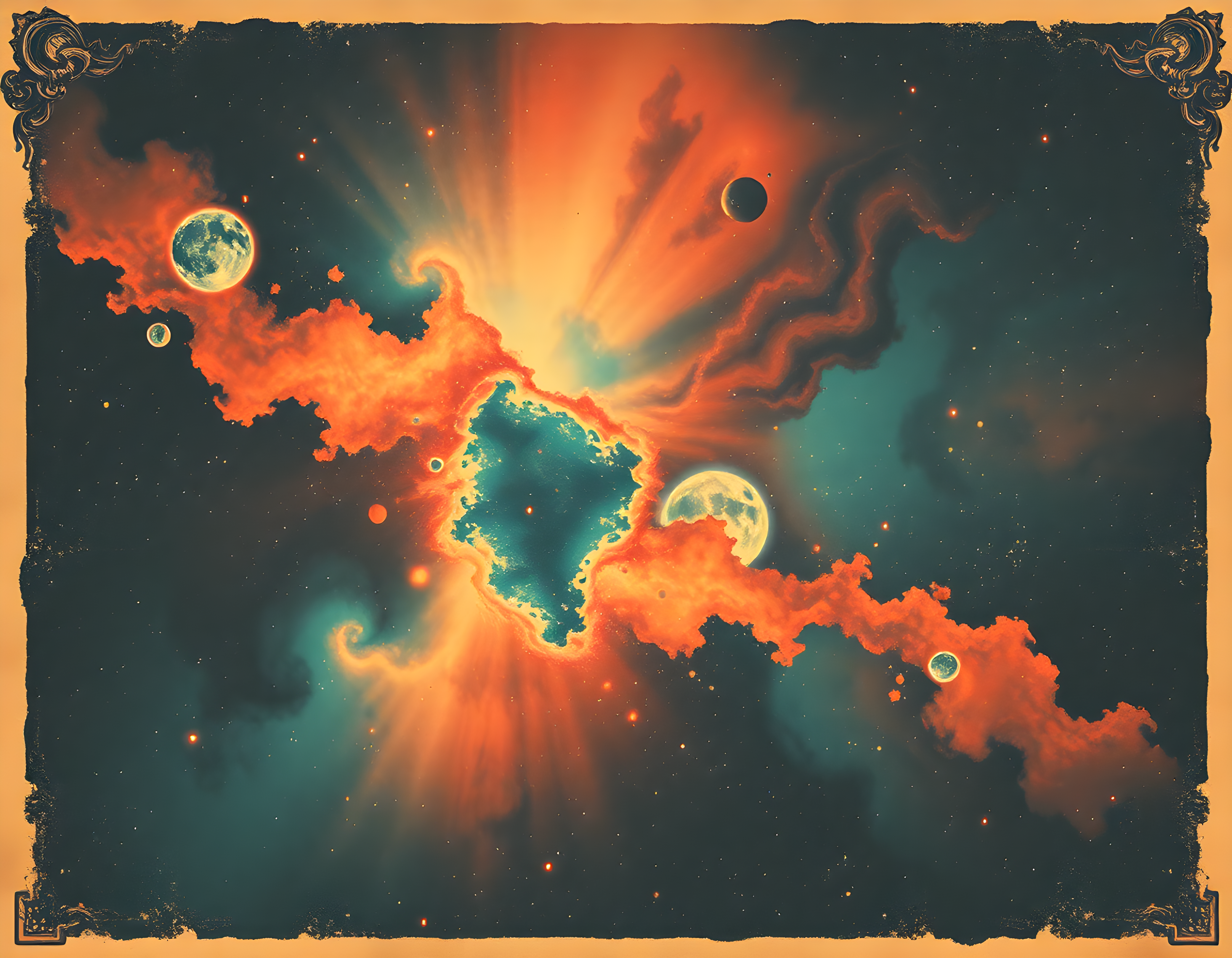 Vintage Cosmic Nebula with Planets - Orange Teal Wall Art