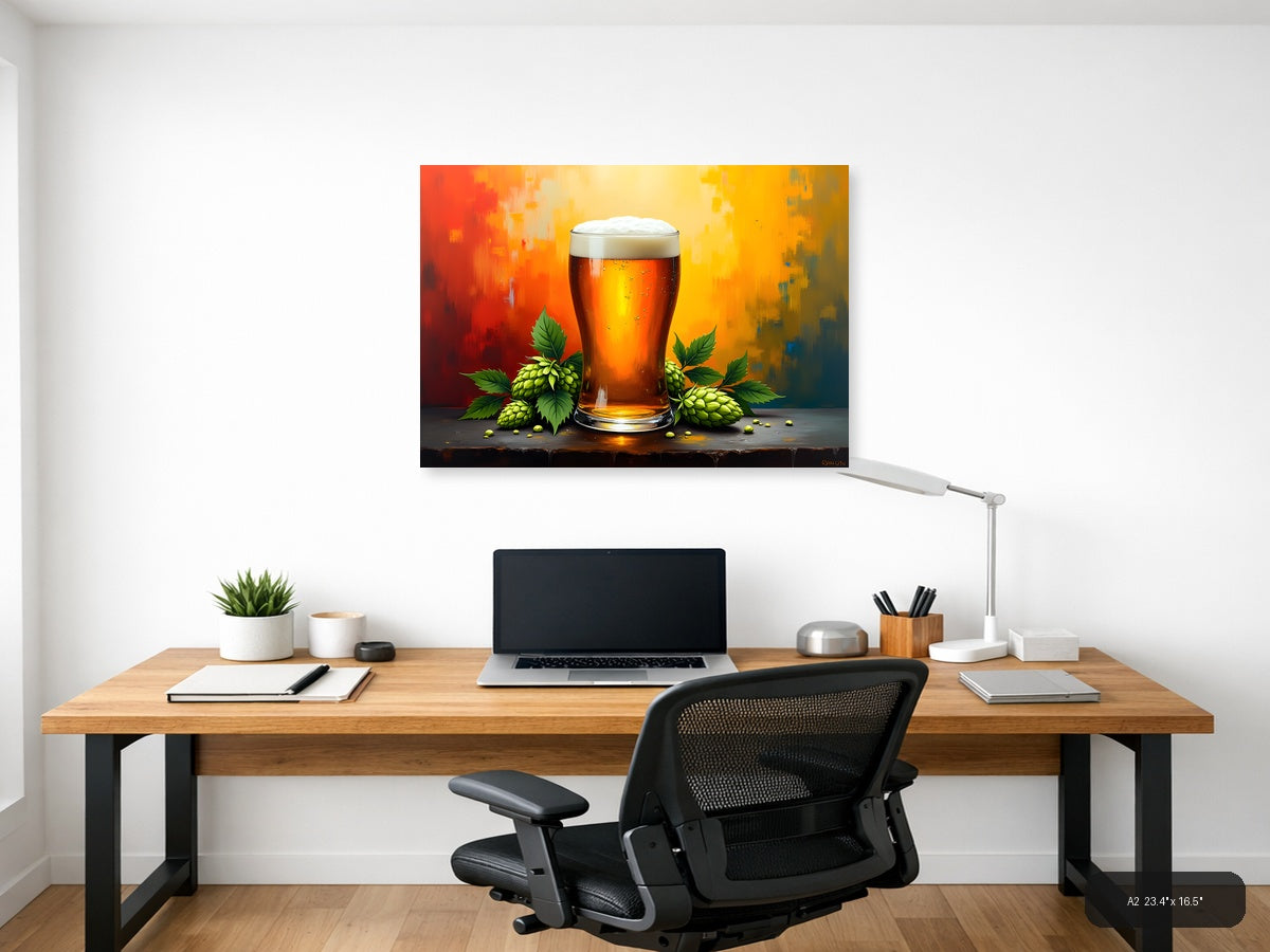 Beer Glass Hops Abstract Orange Yellow Wall Art — A2 / Office