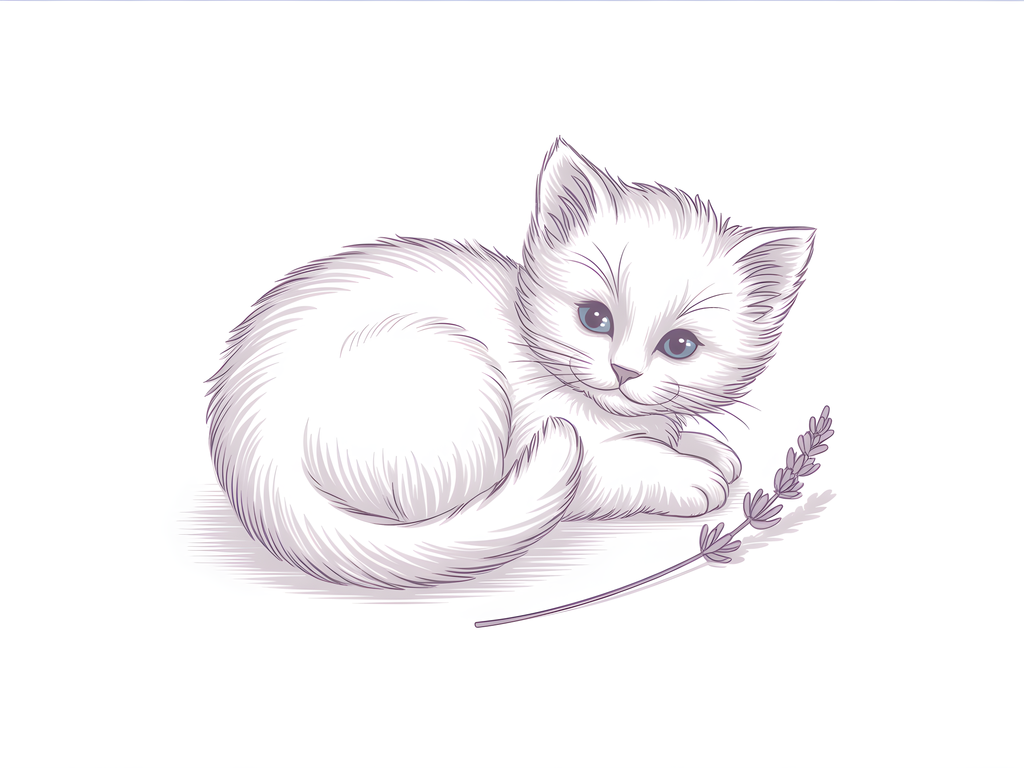 White Kitten with Lavender - Minimalist Wall Art