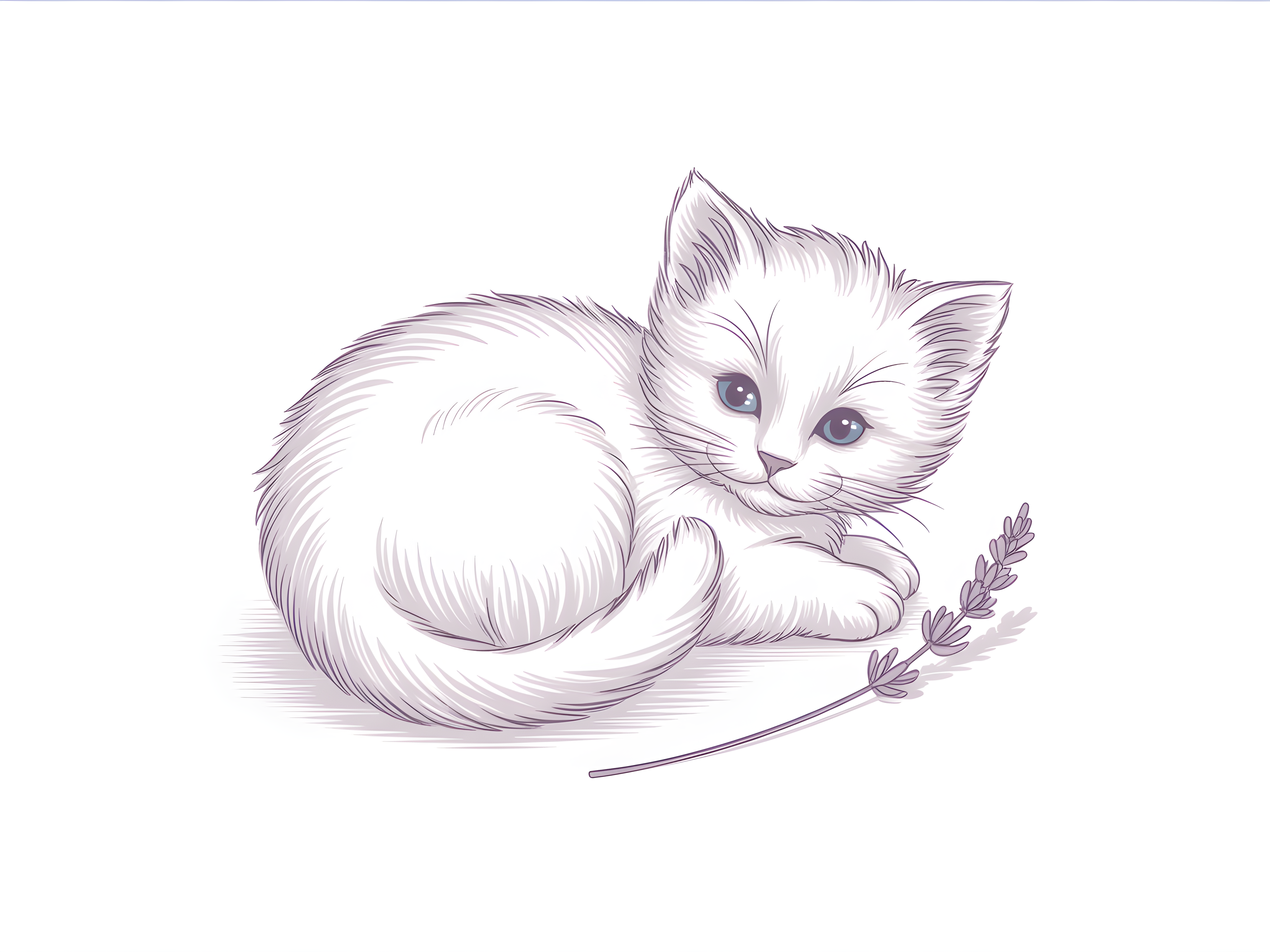White Kitten with Lavender - Minimalist Wall Art