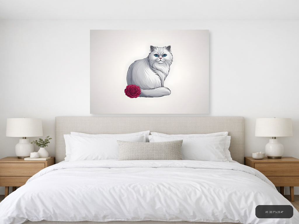 White Fluffy Cat with Blue Eyes and Rose - Minimalist Wall Art — A1 / Bedroom