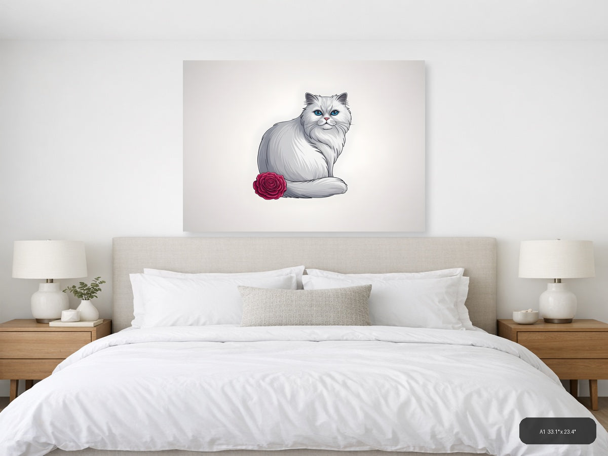 White Fluffy Cat with Blue Eyes and Rose - Minimalist Wall Art — A1 / Bedroom