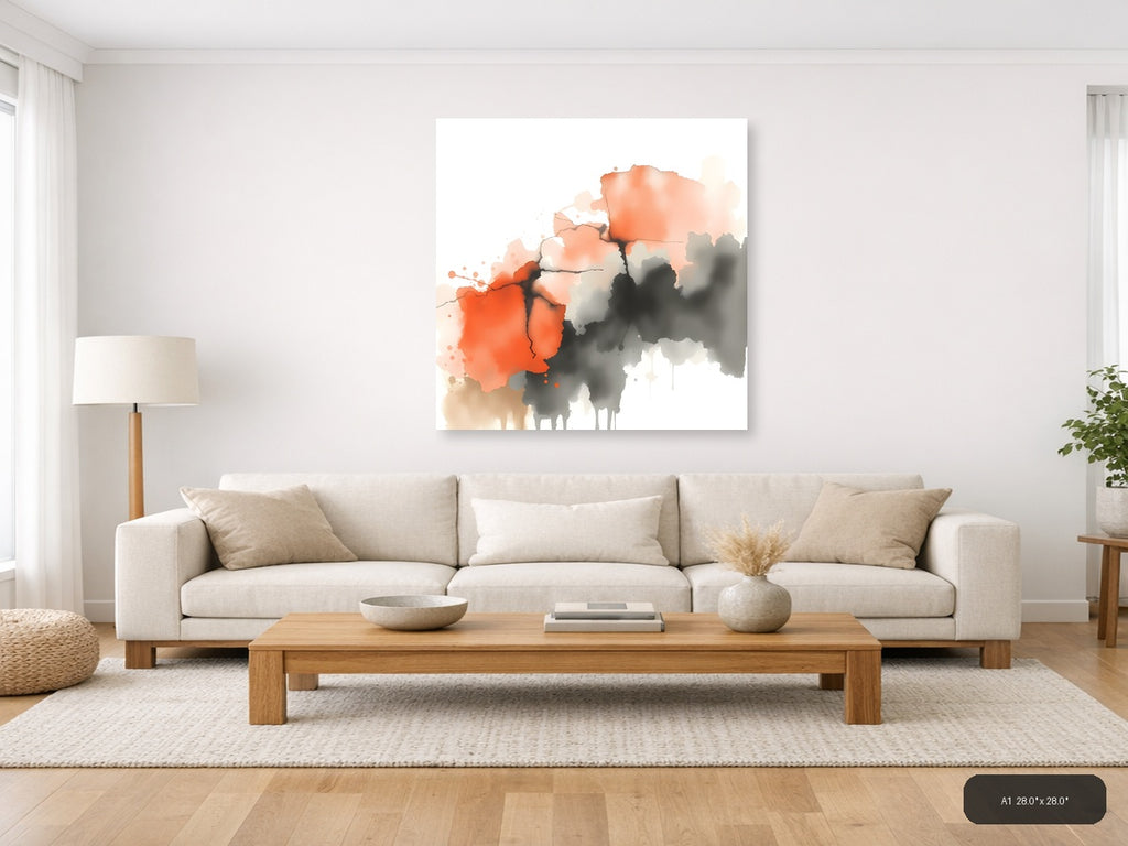 Abstract Watercolor Map with Orange and Gray Wall Art — A1 / Living Room