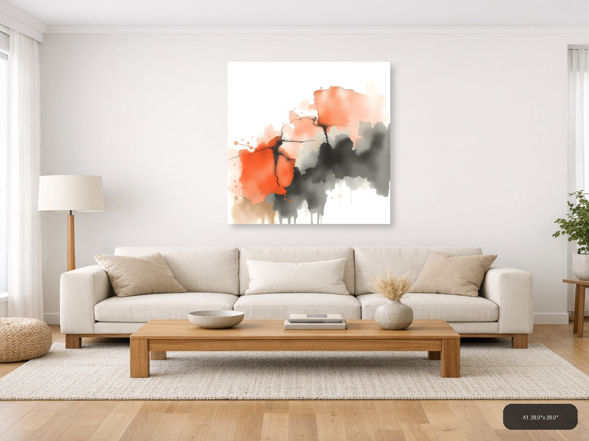 Abstract Watercolor Map with Orange and Gray Wall Art — A1 / Living Room