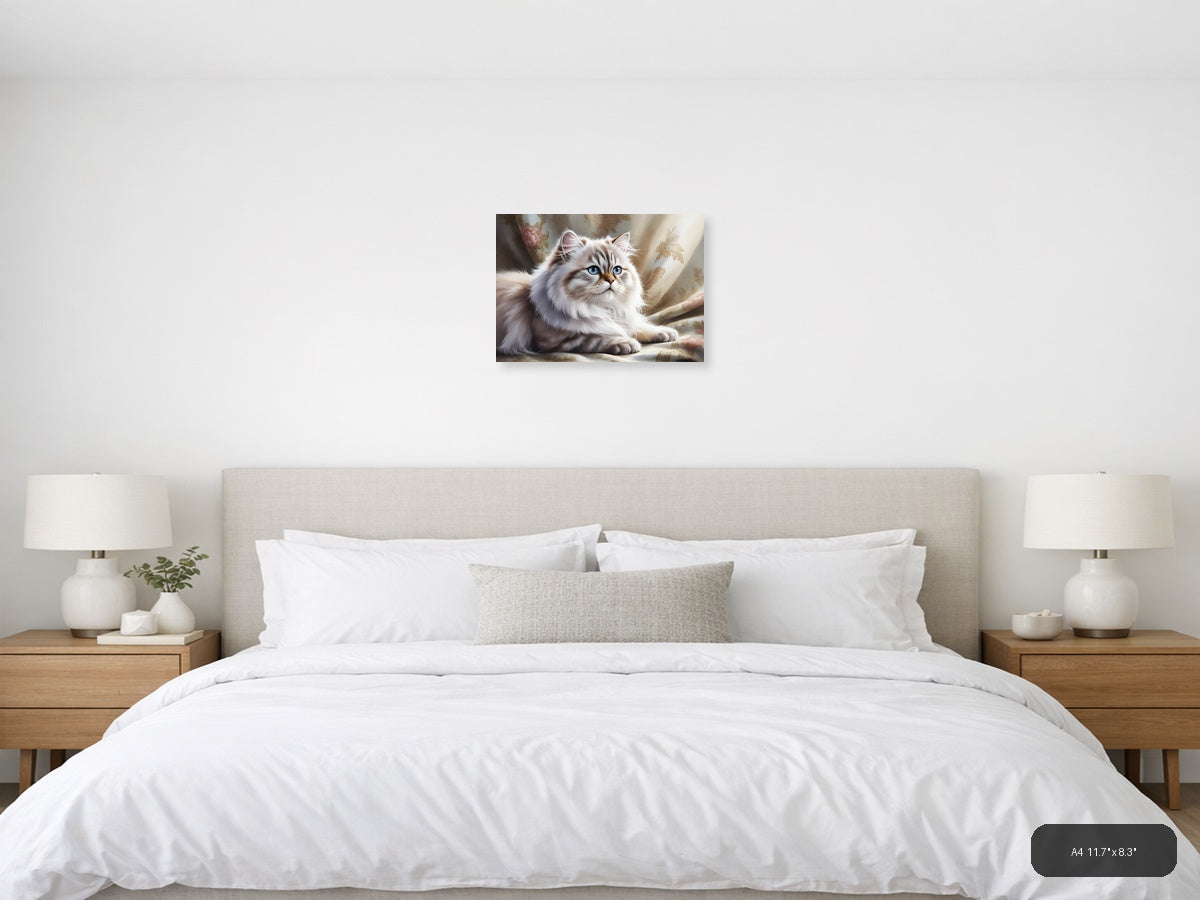 White Persian Cat with Blue Eyes Watercolor Wall Art — A4 / Bedroom