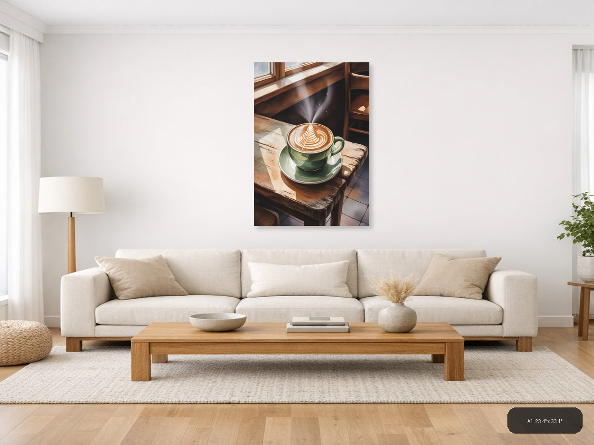 Green Coffee Cup Latte Art Watercolor Wall Art — A1 / Living Room