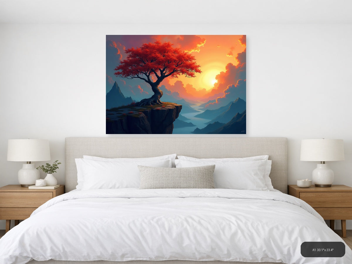 Crimson Tree Sunset Mountain Landscape Abstract Wall Art — A1 / Bedroom