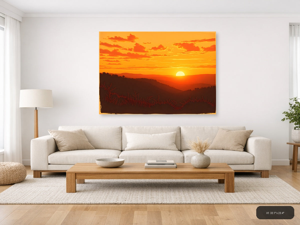 Vintage Sunset Over Mountains Landscape Wall Art — A1 / Living Room