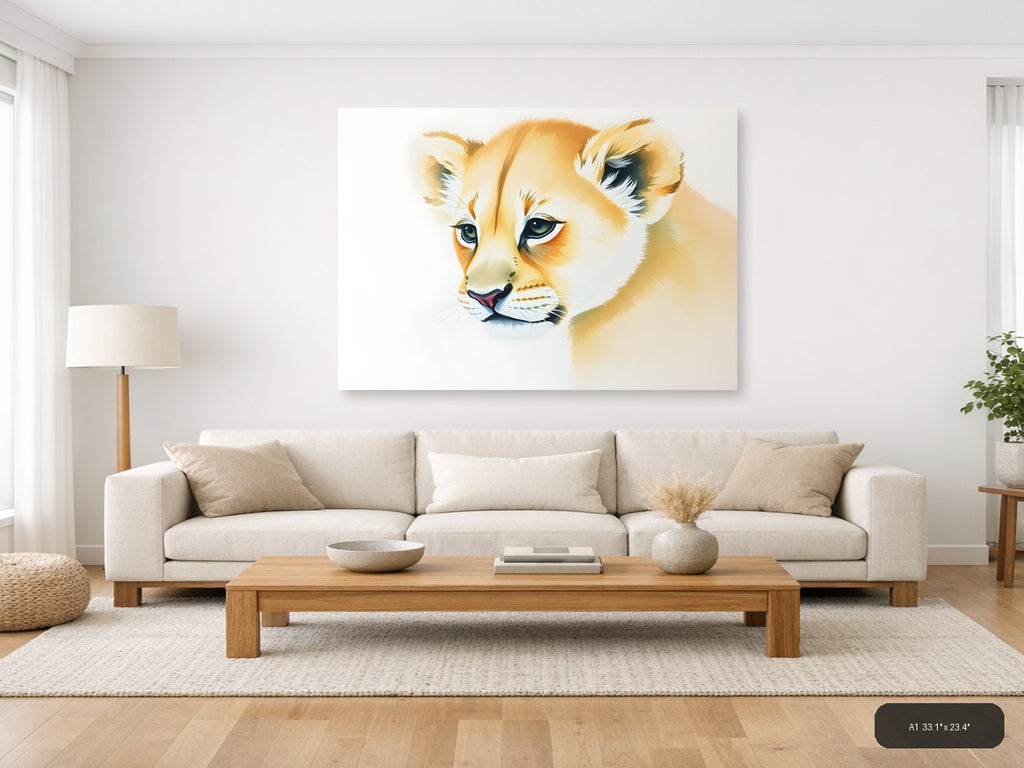 Young Lion Cub Watercolor Portrait Wall Art — A1 / Living Room