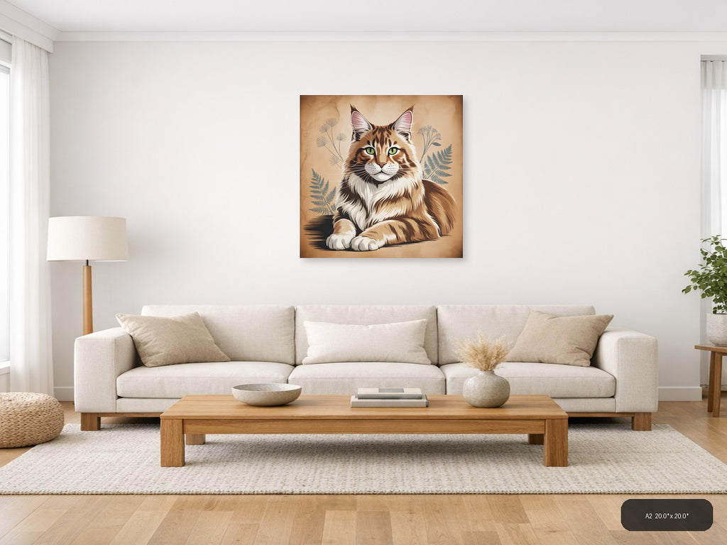 Maine Coon Cat with Botanical Plants Vintage Wall Art — A2 / Living Room