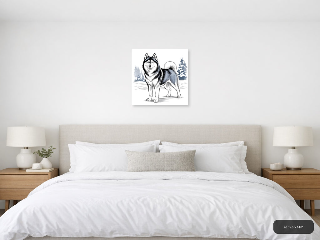 Husky Winter Line Art Portrait Wall Art — A3 / Bedroom