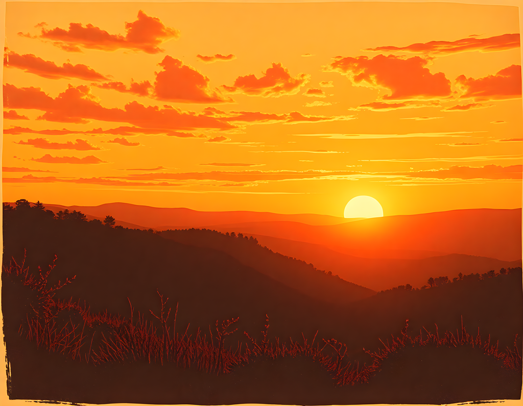 Vintage Sunset Over Mountains Landscape Wall Art