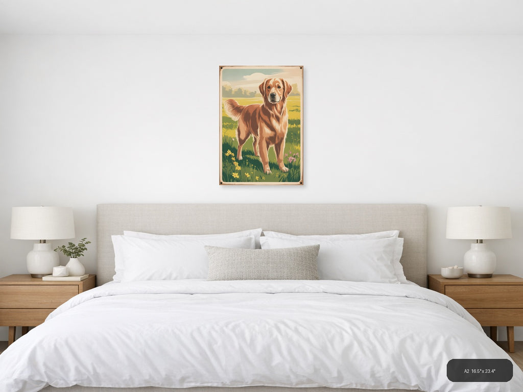 Brown and White Dog in Meadow - Vintage Wall Art — A2 / Bedroom