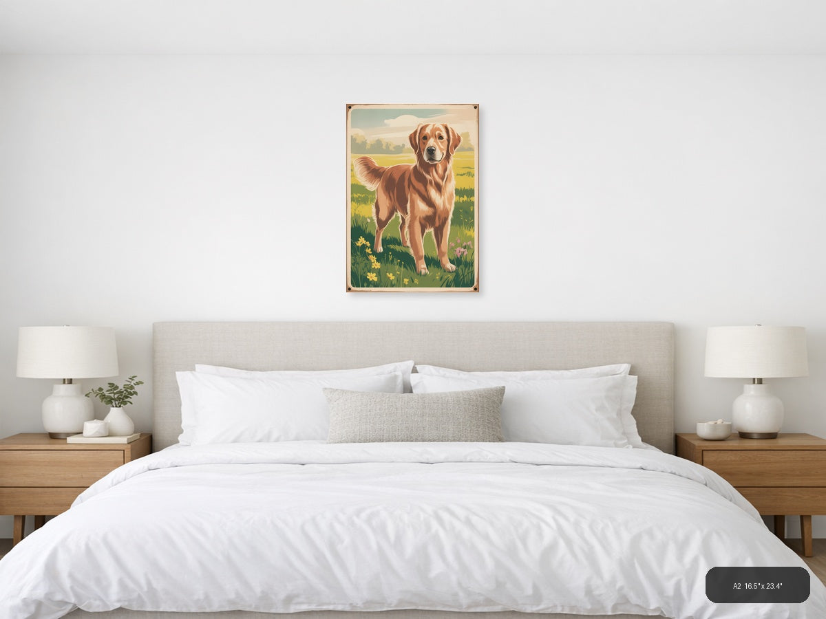 Brown and White Dog in Meadow - Vintage Wall Art — A2 / Bedroom