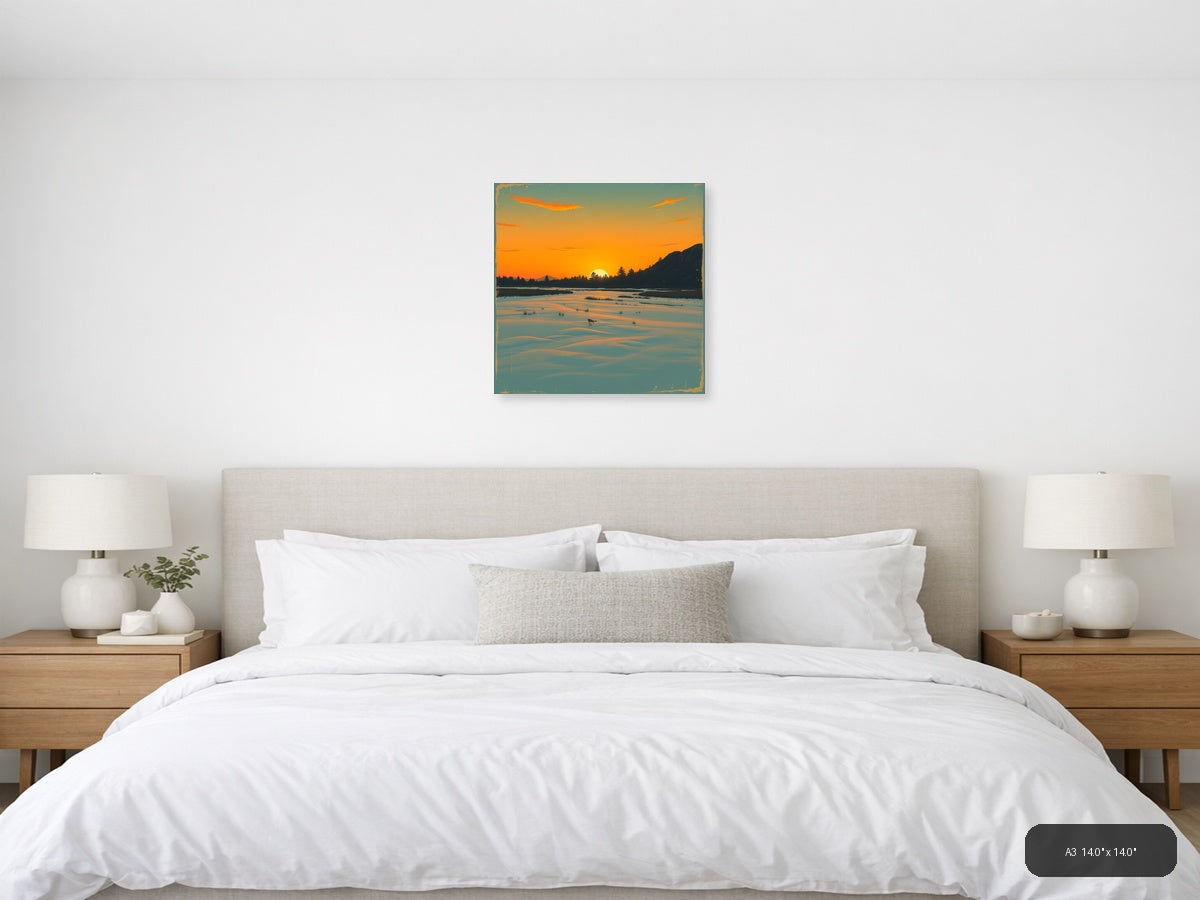 Vintage Sunset Over Frozen Lake - Landscape Wall Art — A3 / Bedroom