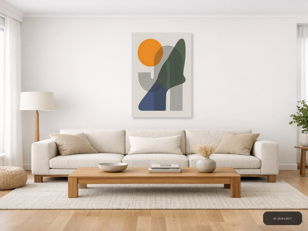 Abstract Line Art Portrait with Orange Sun Wall Art — A1 / Living Room