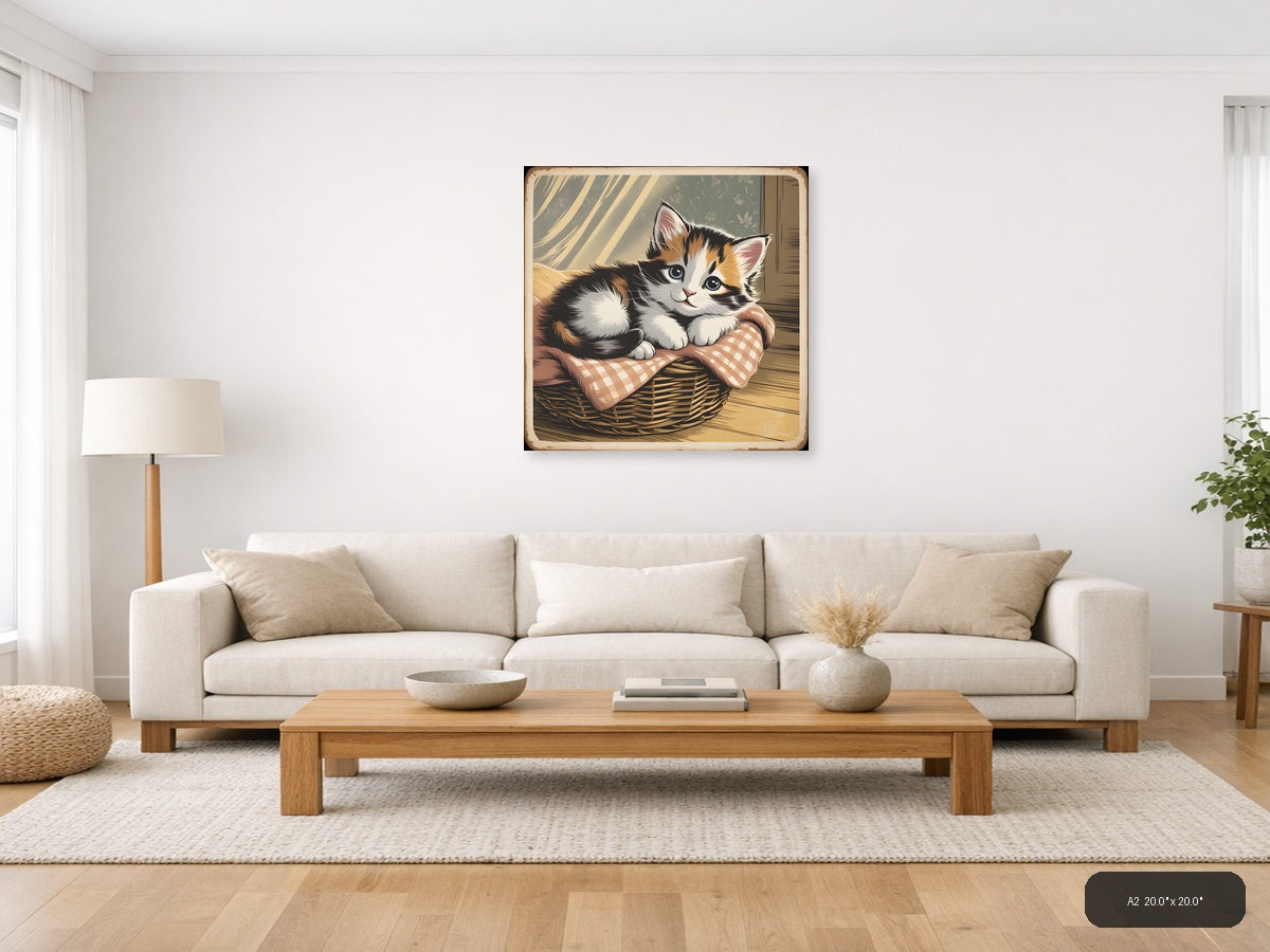 Vintage Calico Kitten in Basket - Square Wall Art — A2 / Living Room