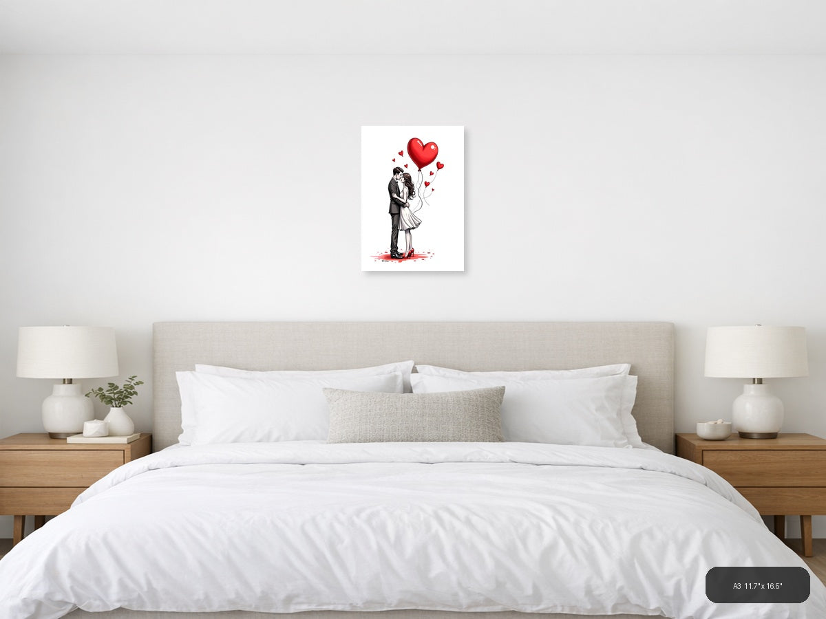 Couple Kissing Heart Balloons Line Art Wall Art — A3 / Bedroom