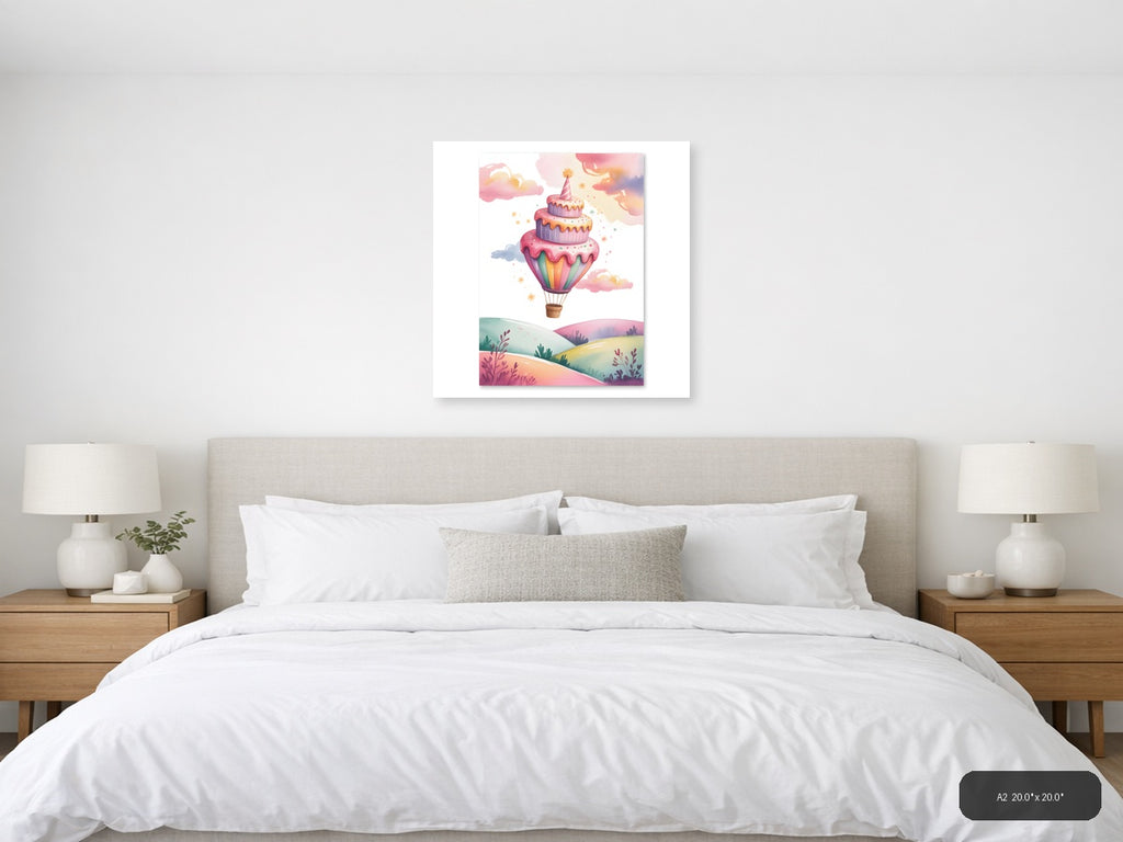 Hot Air Balloon Cake Cloud Watercolor Wall Art — A2 / Bedroom