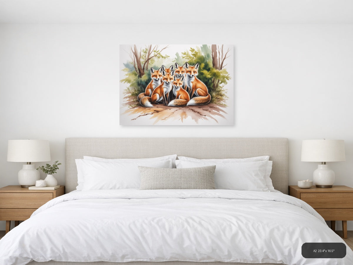 Fox Family Forest Watercolor Landscape Wall Art — A2 / Bedroom