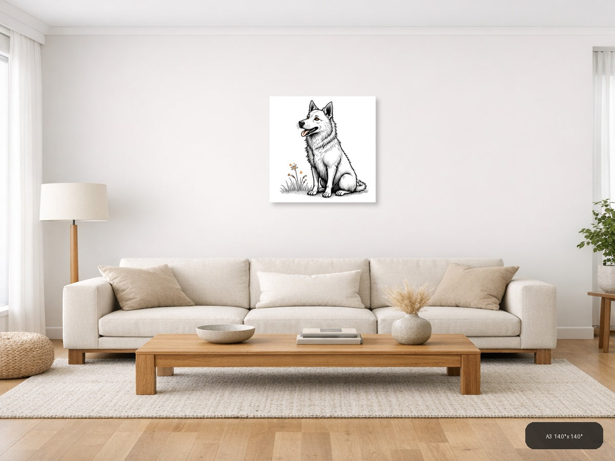 Happy Husky Dog Line Art Drawing Wall Art — A3 / Living Room