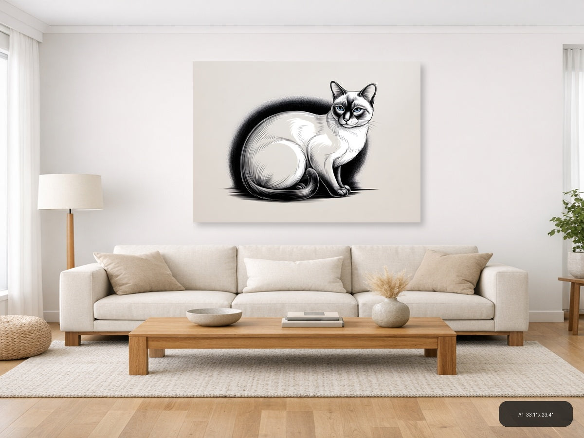 Siamese Cat with Fluffy Tail Line Art Wall Art — A1 / Living Room