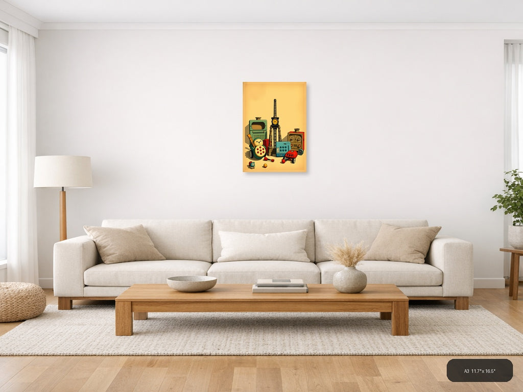 Vintage Toys & Clock Tower Retro Illustration Wall Art — A3 / Living Room