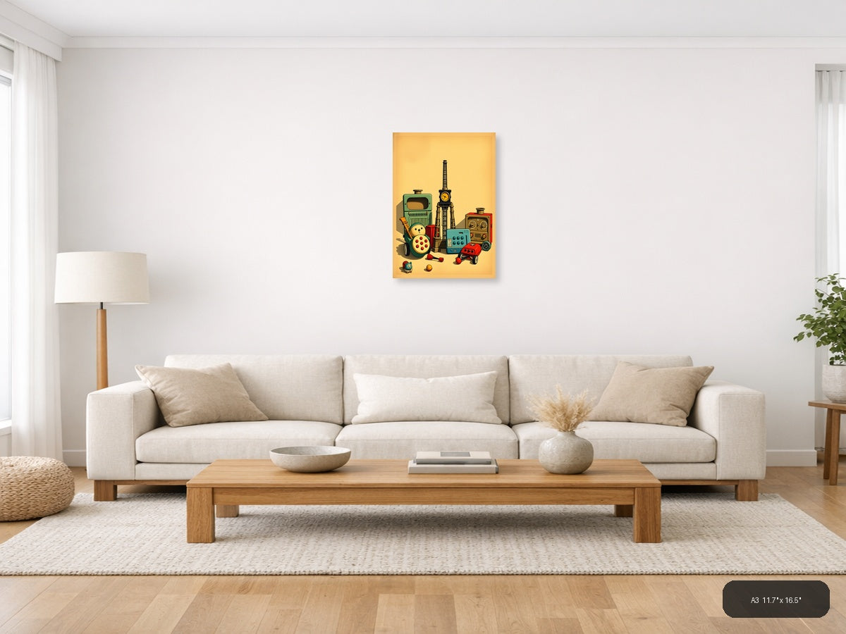 Vintage Toys & Clock Tower Retro Illustration Wall Art — A3 / Living Room