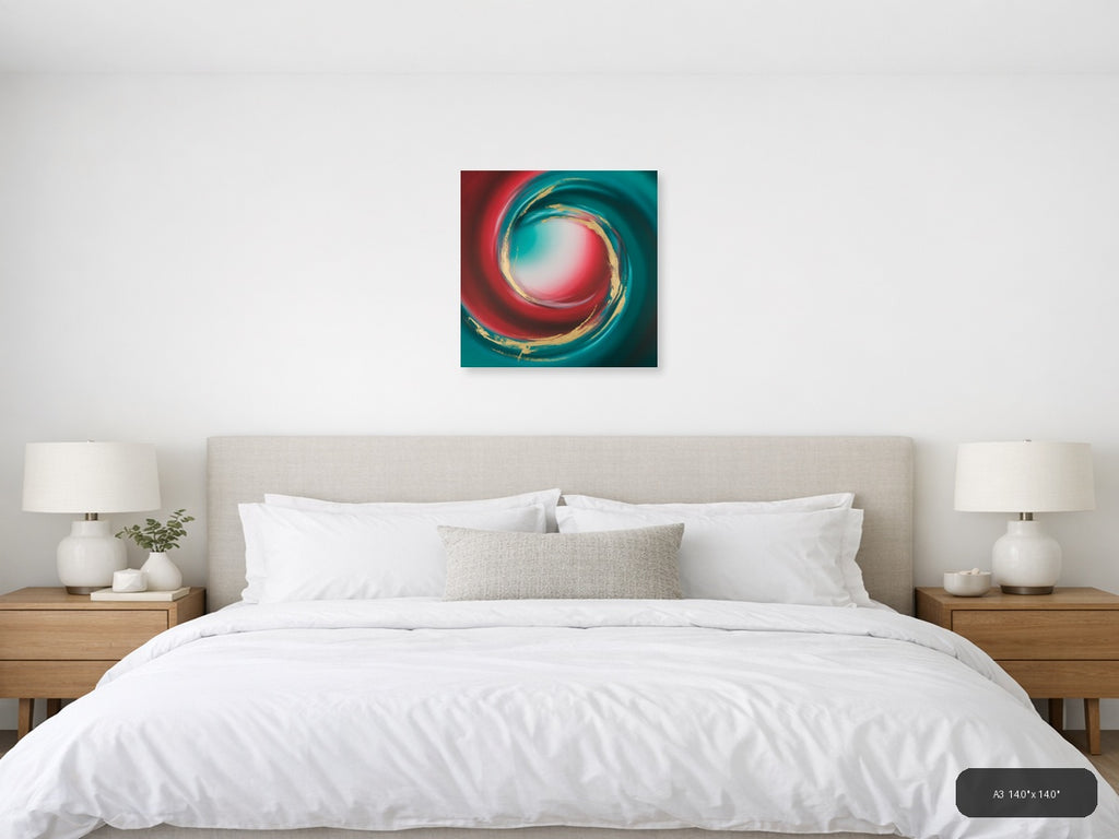 Teal Red Gold Spiral Abstract Modern Wall Art — A3 / Bedroom