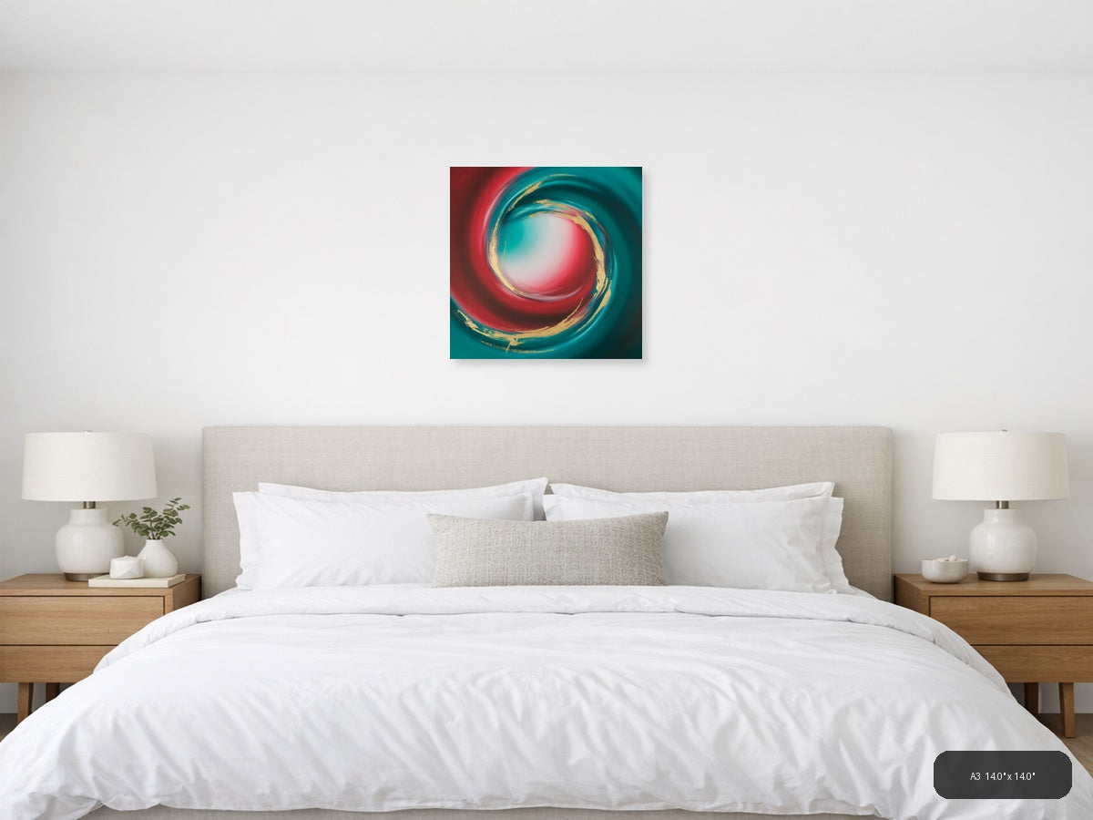Teal Red Gold Spiral Abstract Modern Wall Art — A3 / Bedroom