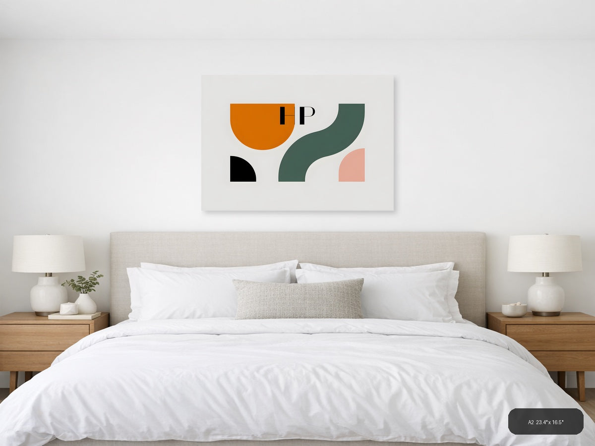 Minimalist Abstract Shapes in Orange, Teal & Pink Wall Art — A2 / Bedroom