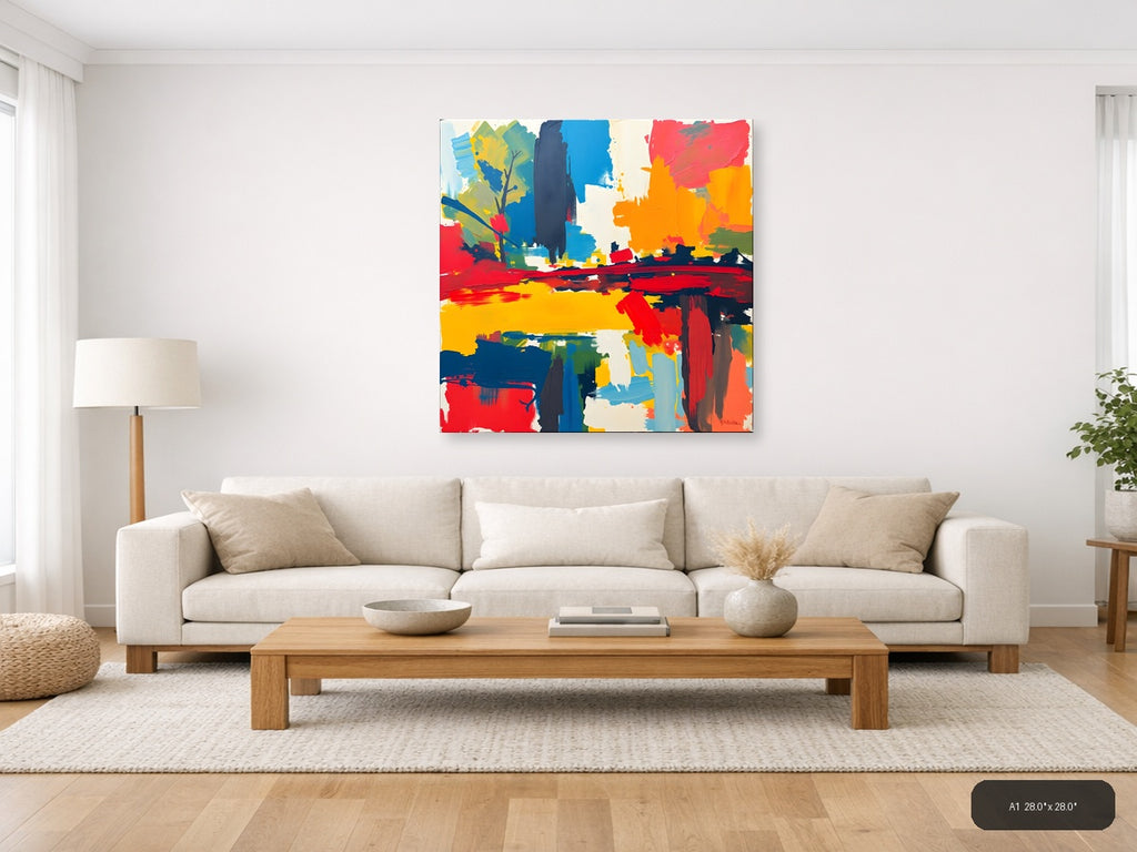 Vibrant Abstract Landscape with Blue Tower Wall Art — A1 / Living Room