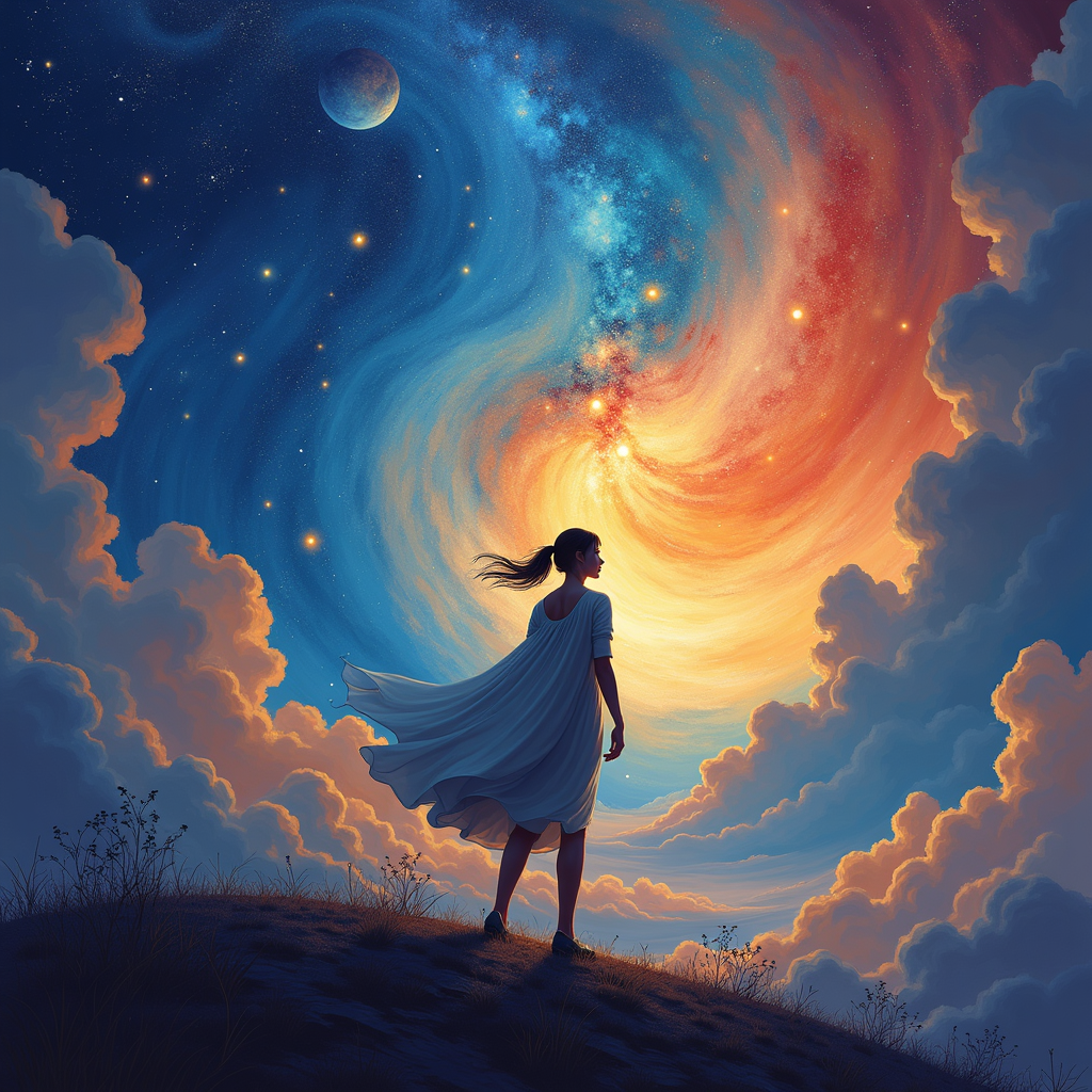 Woman Gazing at Cosmic Spiral Abstract Wall Art