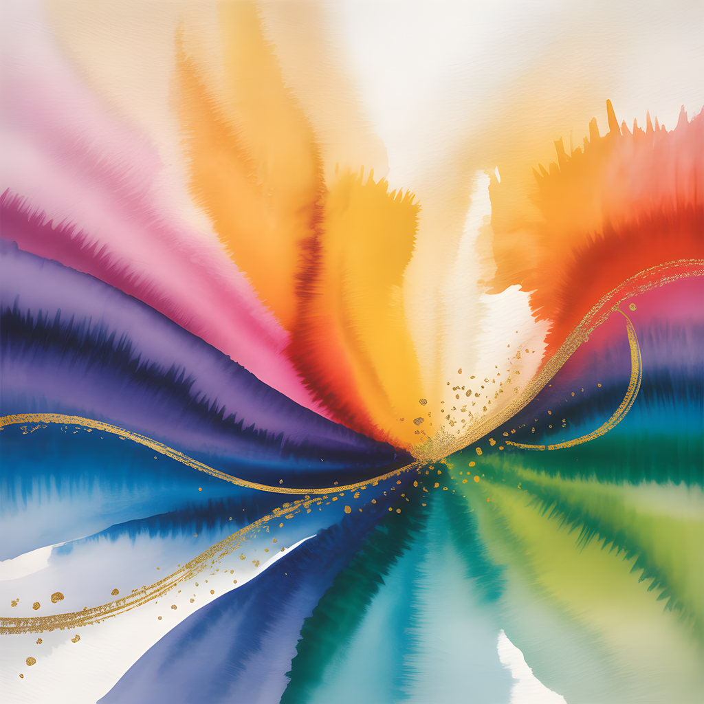 Rainbow Watercolor Wave with Gold Accents Wall Art