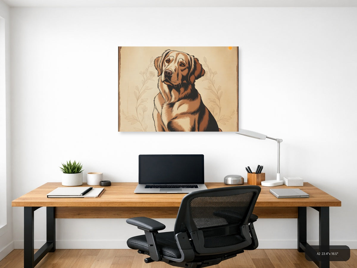 Brown & White Dog Portrait Vintage Style Wall Art — A2 / Office