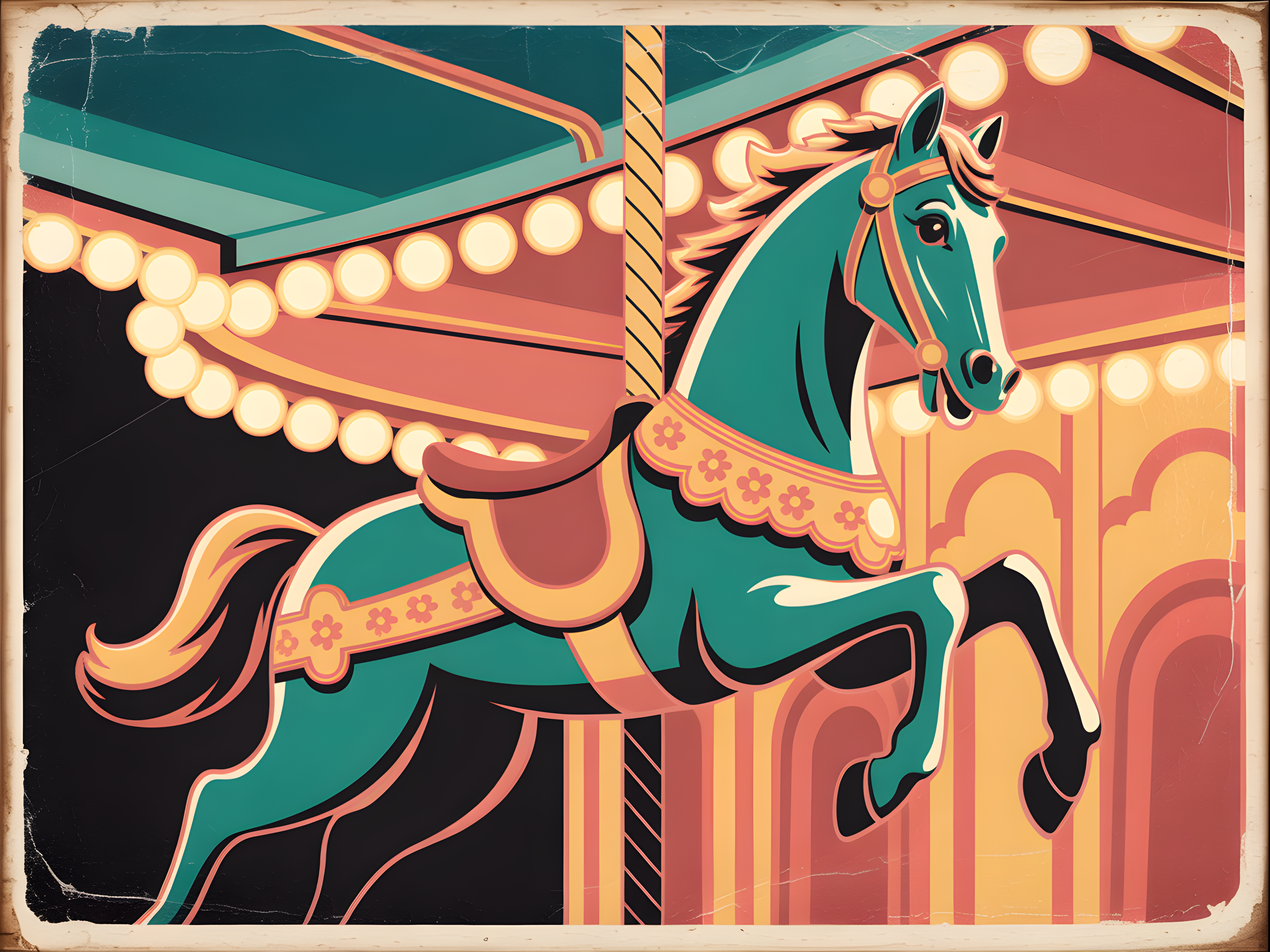 Vintage Carousel Horse Teal & Gold Wall Art