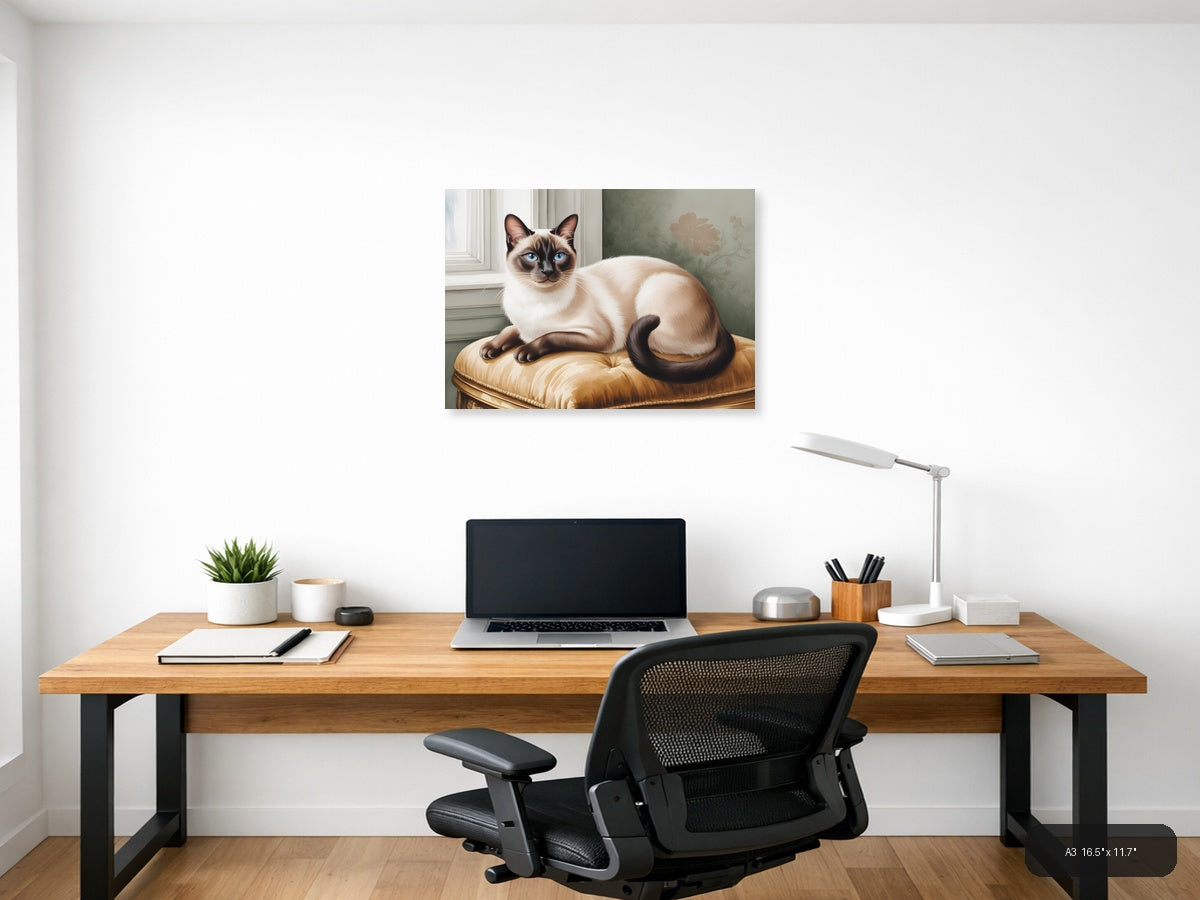 Siamese Cat on Gold Cushion Watercolor Wall Art — A3 / Office