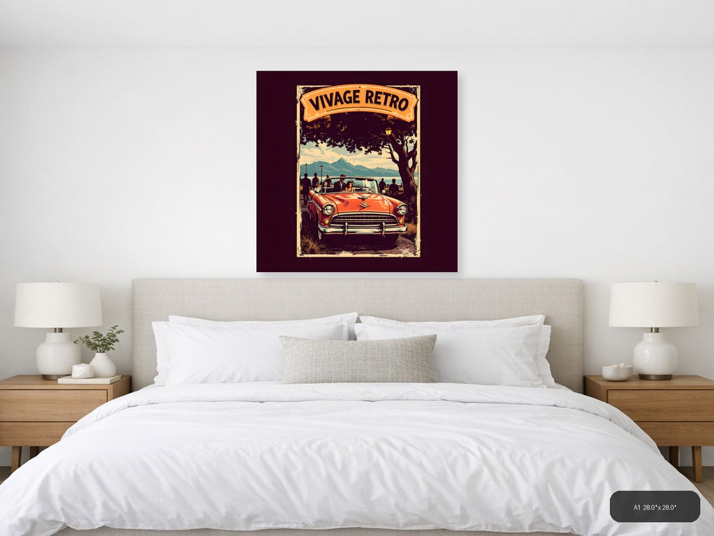 Vintage Retro Classic Car Mountain Landscape Wall Art — A1 / Bedroom
