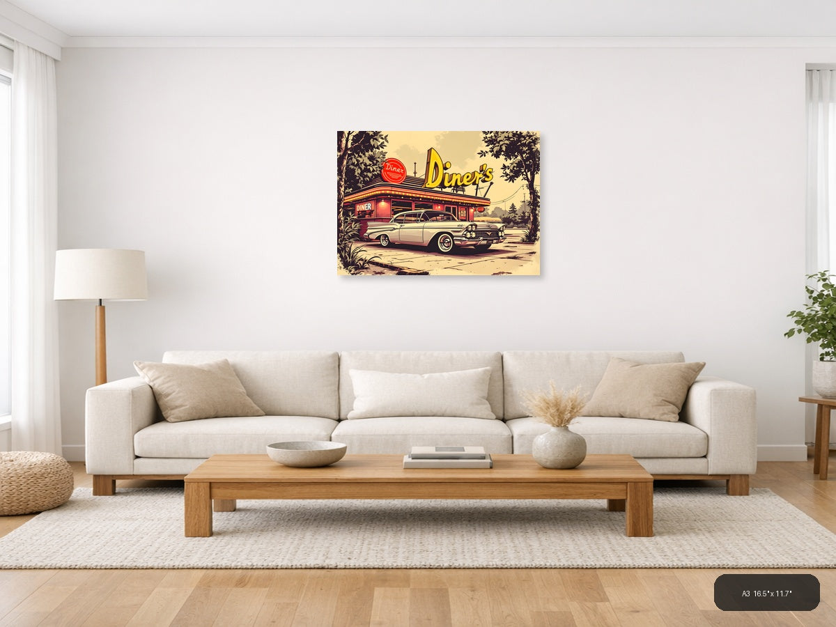 Vintage Diner & Classic Car Retro Wall Art — A3 / Living Room