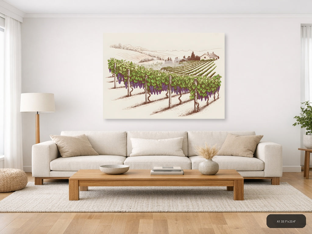 Vineyard Landscape Line Art - Wine Country Wall Art — A1 / Living Room