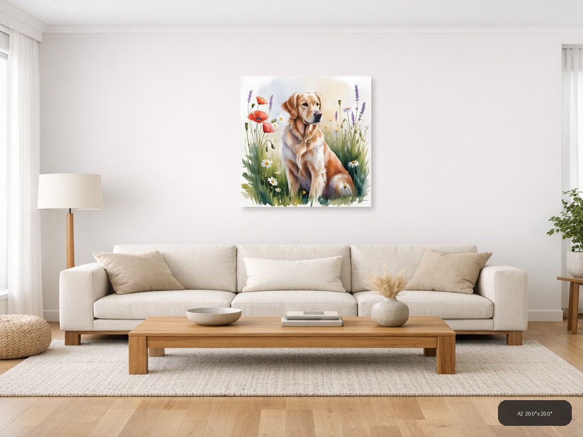 Golden Retriever in Wildflower Garden Watercolor Wall Art — A2 / Living Room